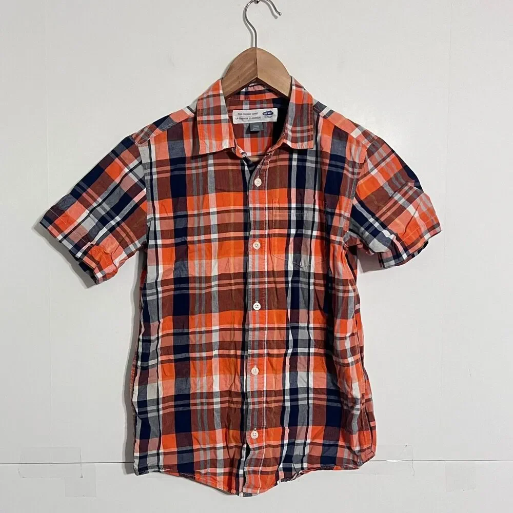 Old Navy Boys Shirt Size L (10/12) Orange Plaid Classic Short Sleeve Button Up